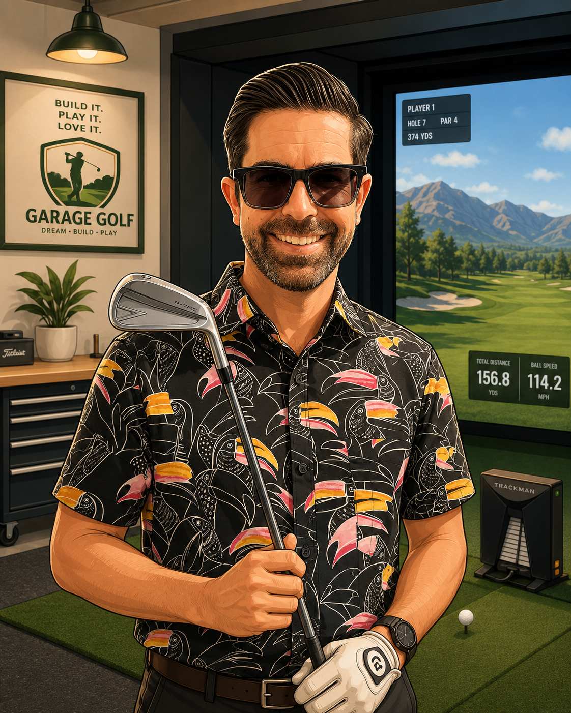 Illustrated portrait of Justin, founder of Golf Garage Guide, in a home golf simulator